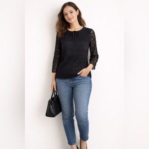 Talbots Petite Black Eyelet Embroidered Blouse